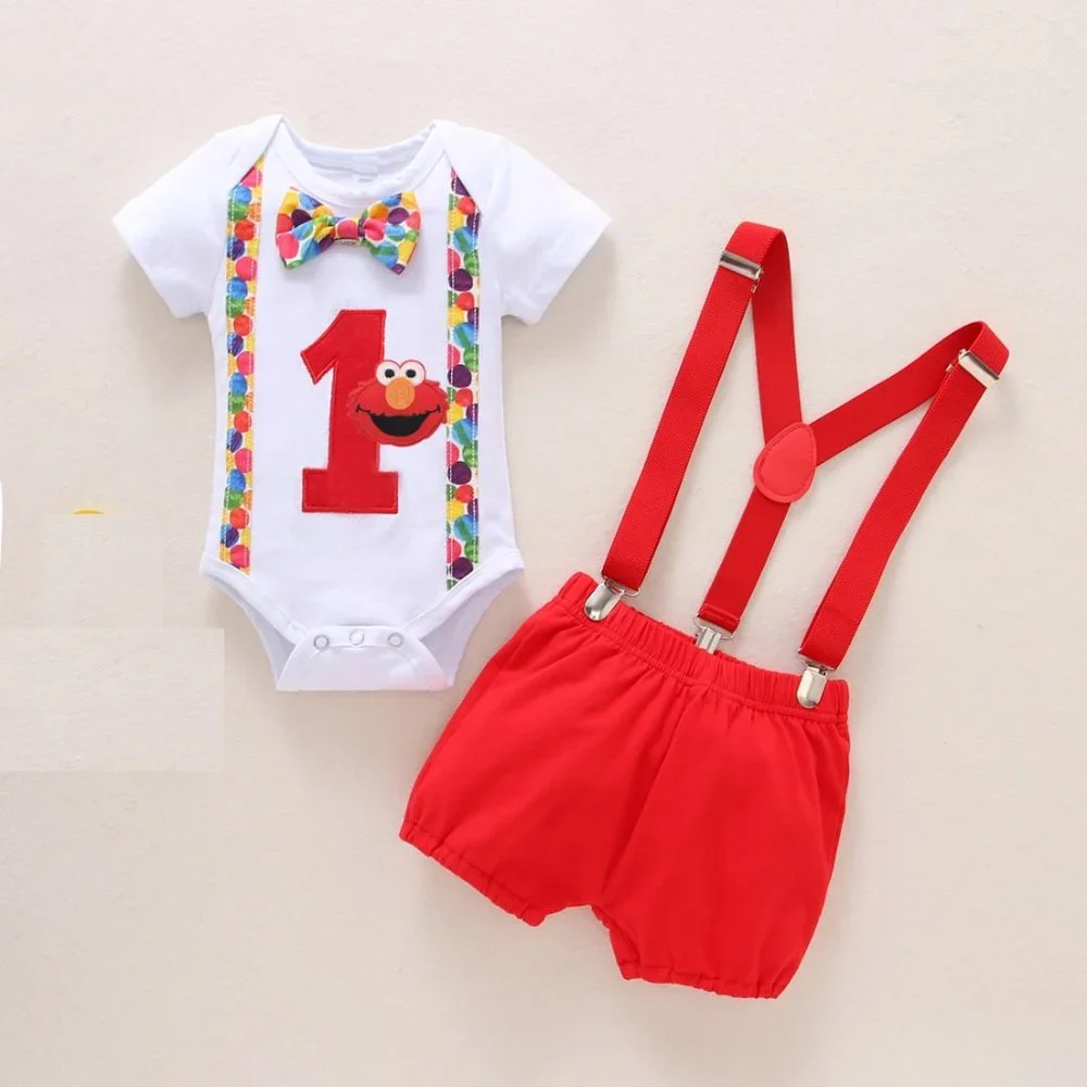 Elmo  Outfit Boy Smash Cake Birthday Clothes Sesame Street Suspenders Smash Cake